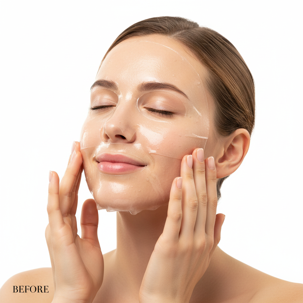 COSRX Peptide Collagen Lifting Glow Hydrogel Mask BEFORE – Western model applying peptide collagen hydrogel sheet mask for skin firming and brightening
