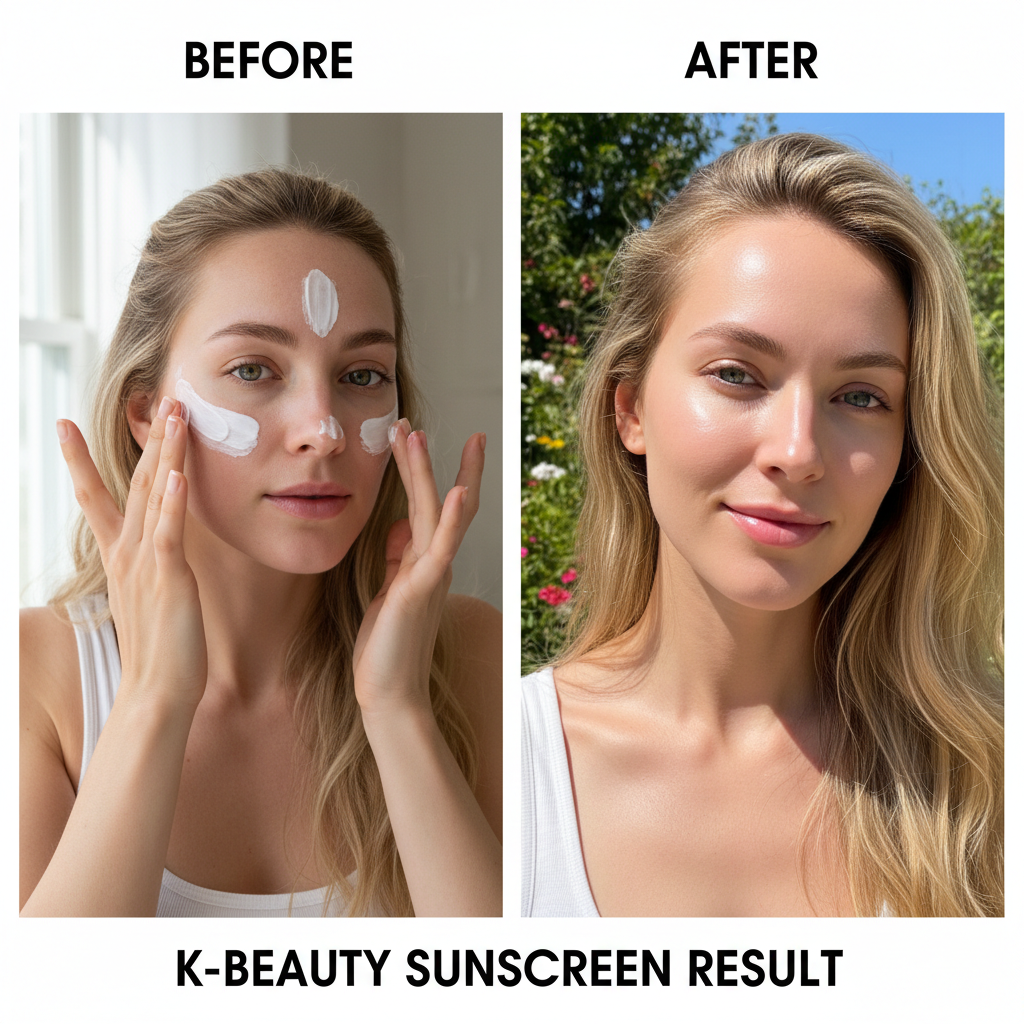 COSRX Aloe Soothing Sun Cream SPF50+ PA+++ 50ml – Western model BEFORE and AFTER showing brighter glowing skin and UV protection results after aloe sun cream
