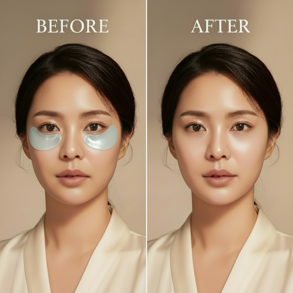 COSRX Advanced Snail Hydrogel Eye Patch 60 Patches – Korean model BEFORE and AFTER showing de-puffing and brightening transformation after snail hydrogel eye patch treatment



