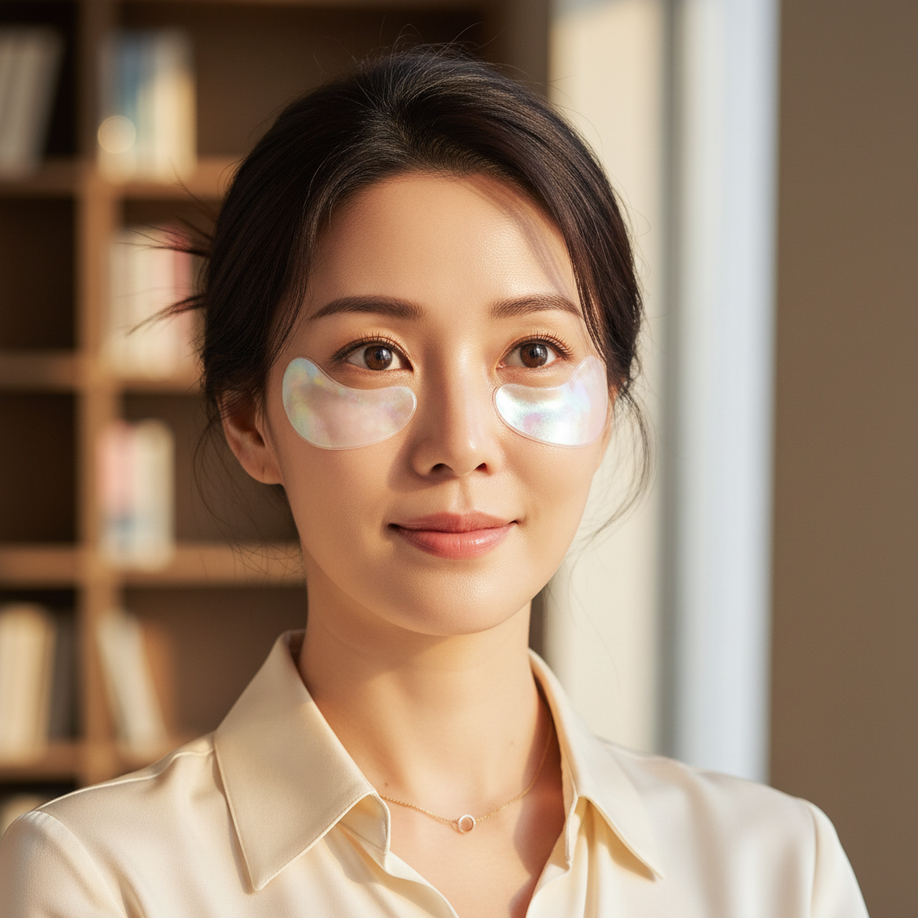 COSRX Advanced Snail Hydrogel Eye Patch 60 Patches – Korean model wearing snail hydrogel eye patches for dark circle reduction and under-eye firming treatment
