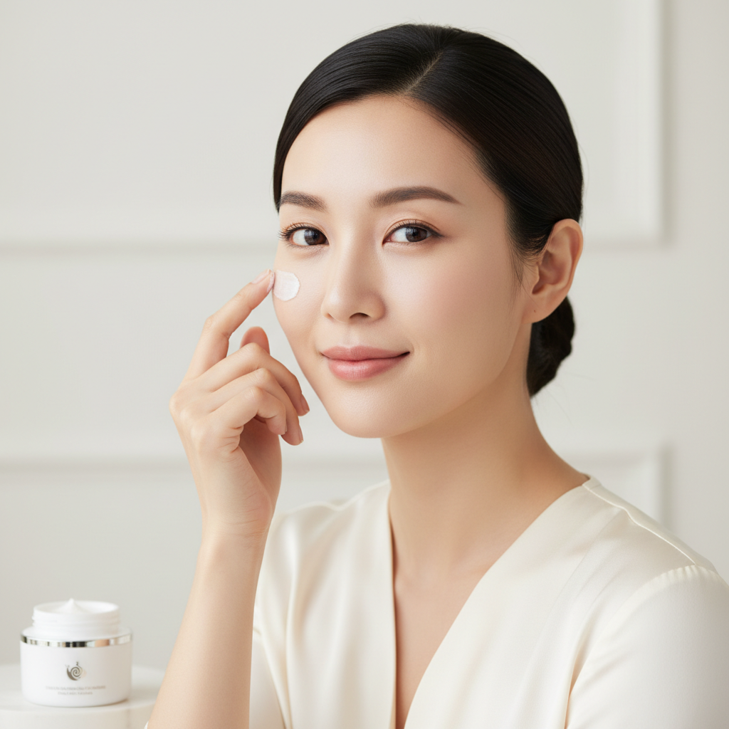 COSRX Advanced Snail Peptide Eye Cream 25ml – Korean model applying eye cream with ring finger BEFORE treatment for under-eye care and skin barrier repair
