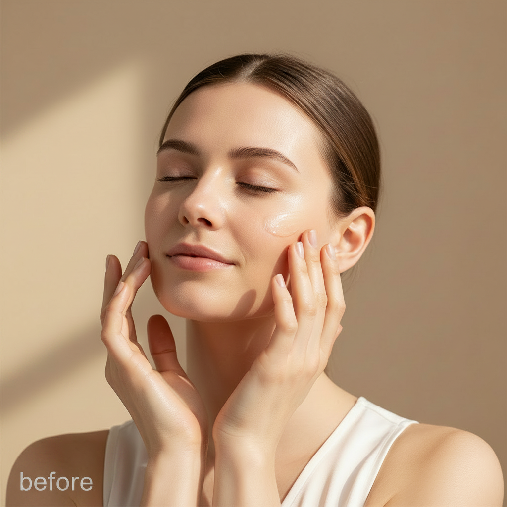 COSRX Advanced Snail Radiance Dual Essence 80ml – Western model BEFORE showing skin texture before K-beauty essence treatment
