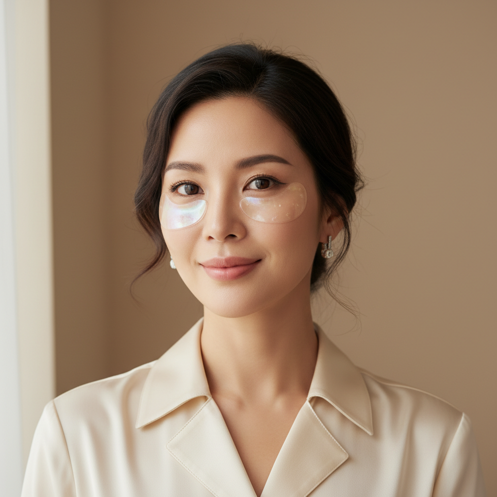 COSRX Advanced Snail Hydrogel Eye Patch 60 Patches – Korean model applying snail hydrogel eye patches for under-eye hydration and dark circle reduction K-beauty routine

