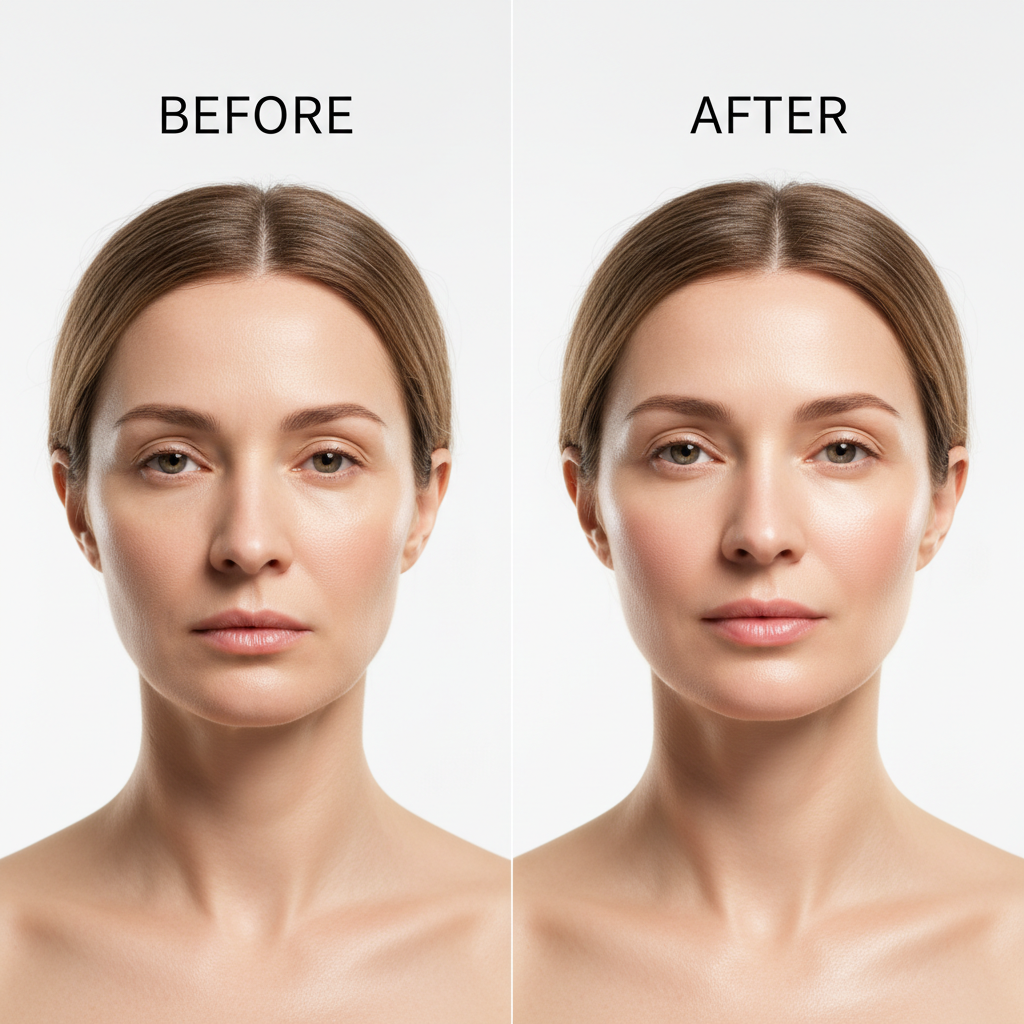 MEDICUBE Mini Booster Pro Before After – Western model showing skin lifting and firming results after EMS microcurrent treatment
