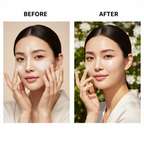 COSRX Aloe Soothing Sun Cream SPF50+ PA+++ 50ml – Korean model BEFORE and AFTER showing visibly brighter even skin tone after aloe soothing sun cream routine
