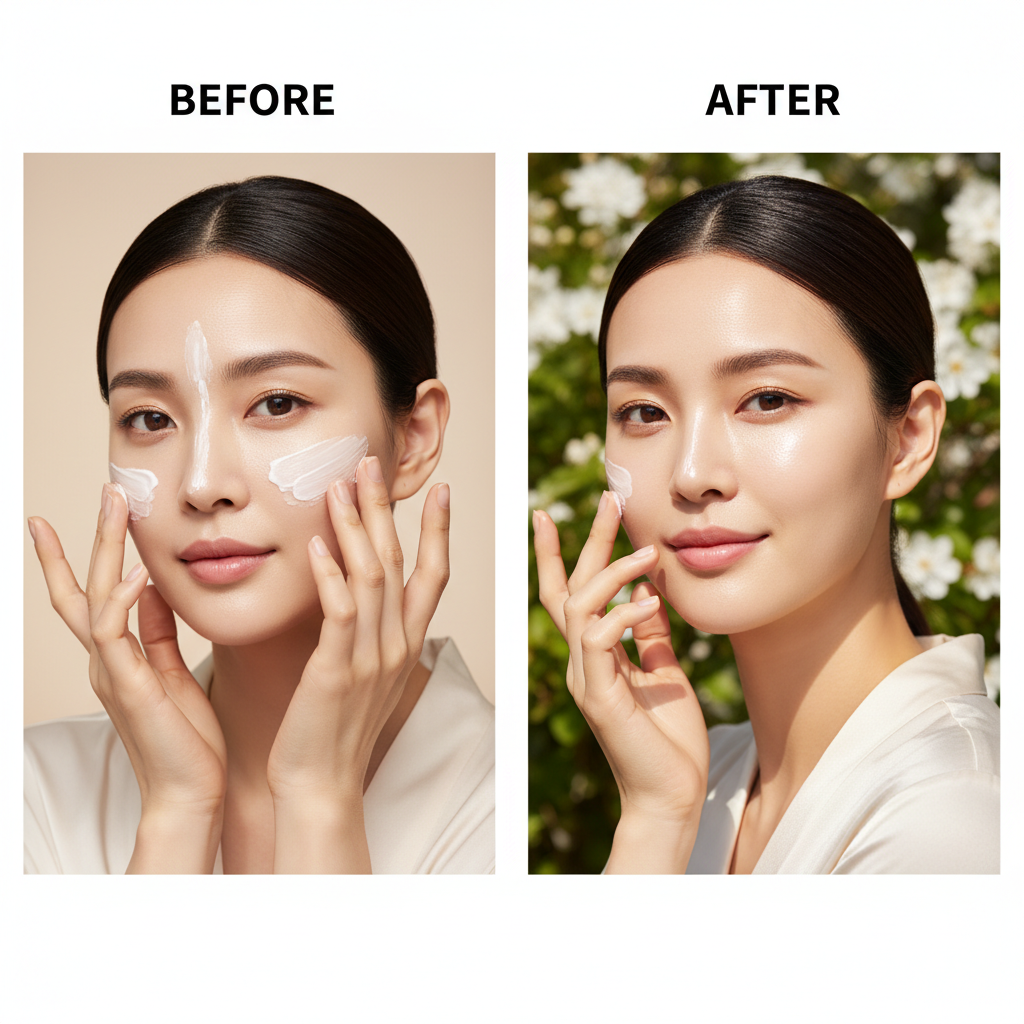 COSRX Aloe Soothing Sun Cream SPF50+ PA+++ 50ml – Korean model BEFORE and AFTER showing visibly brighter even skin tone after aloe soothing sun cream routine
