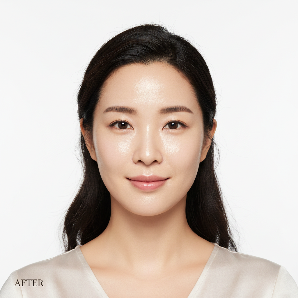COSRX Peptide Collagen Lifting Glow Hydrogel Mask AFTER – Korean model with lifted firm glowing skin after peptide collagen hydrogel mask

