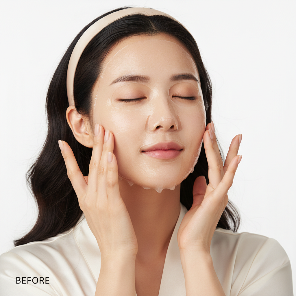 COSRX Peptide Collagen Lifting Glow Hydrogel Mask BEFORE – Korean model applying pink hydrogel sheet mask for firming and lifting skin treatment

