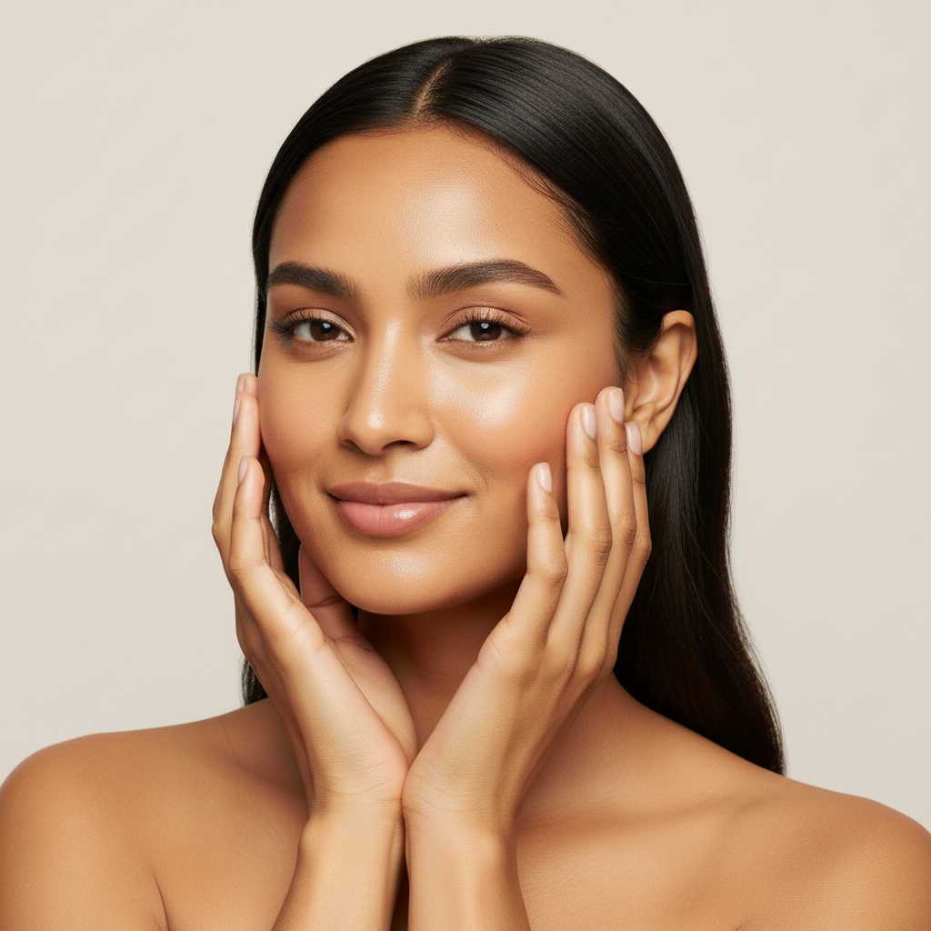 Indian woman with naturally clear healthy glowing skin after using SKINFOOD Peach Cotton Zinc PCA Essence
