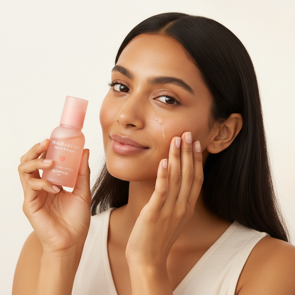 Indian woman applying SKINFOOD Peach Cotton Zinc PCA Essence for oil-free fresh skin

