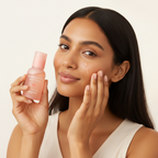 Indian woman applying SKINFOOD Peach Cotton Zinc PCA Essence for oil-free fresh skin
