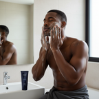 Black male model washing face with IOPE Men Perfect All In One Cleanser foam cleanser

