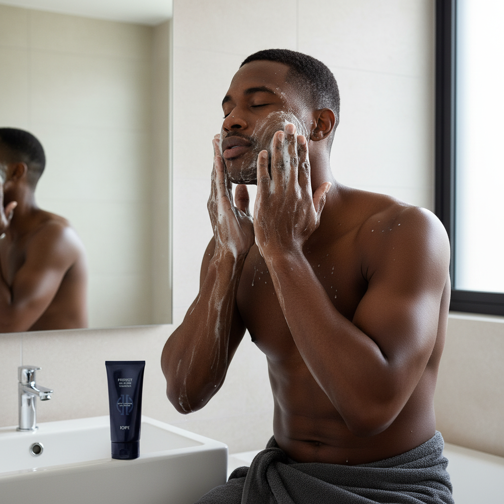 Black male model washing face with IOPE Men Perfect All In One Cleanser foam cleanser
