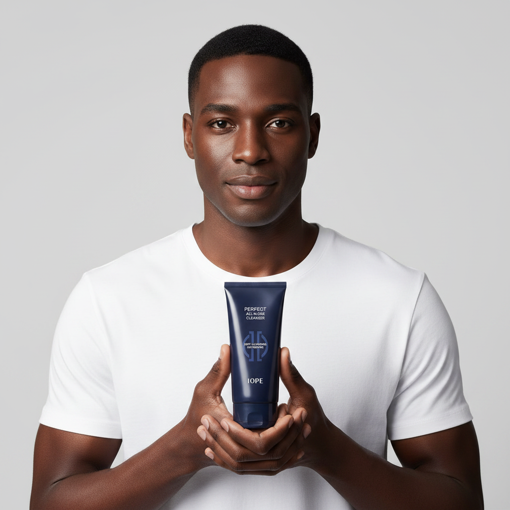 Black male model holding IOPE Men Perfect All In One Cleanser navy blue tube cleanser
