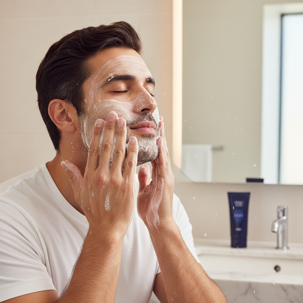 Middle Eastern male model cleansing face with IOPE Men Perfect All In One Cleanser
