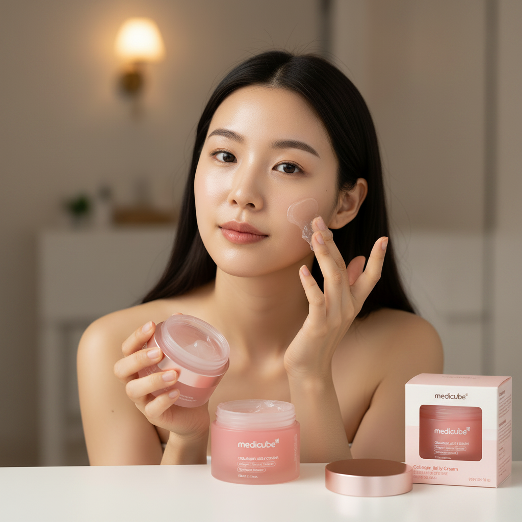 Korean woman in her 20s scooping MEDICUBE Collagen Jelly Cream and applying it onto her cheek, plump dewy glowing skin
