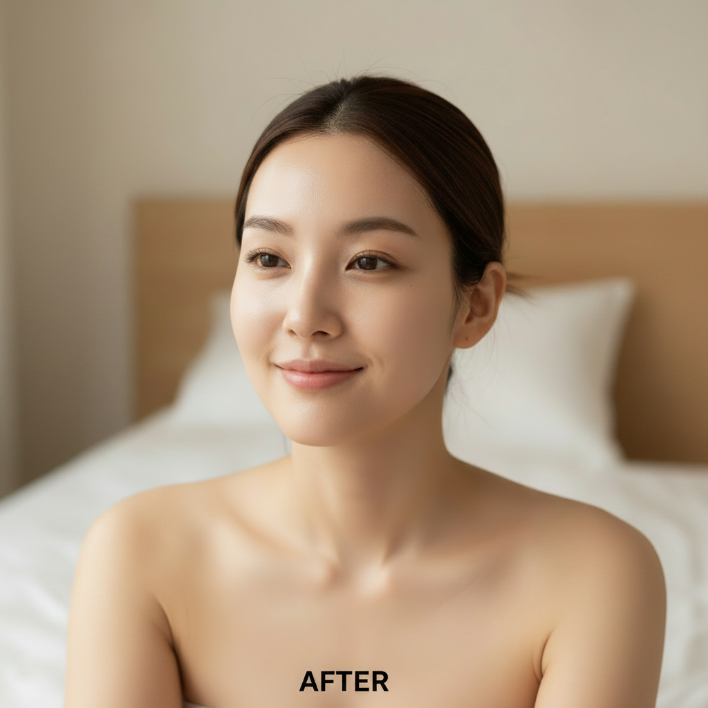 Korean woman in her 20s – AFTER using Beauty of Joseon Revive Serum, smooth dewy glowing complexion
