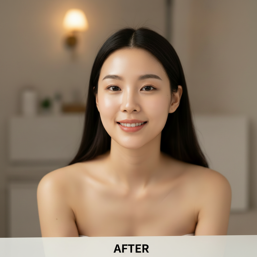 Korean woman in her 20s – AFTER using MEDICUBE Collagen Jelly Cream, smooth dewy glowing complexion
