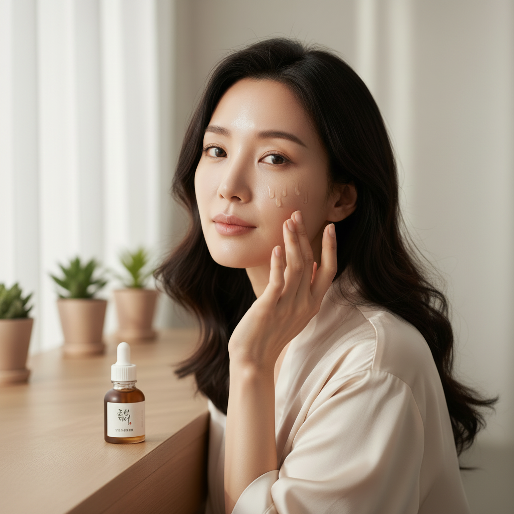 Korean woman in her 30s applying Beauty of Joseon Revive Serum, luminous firm skin, soft window light
