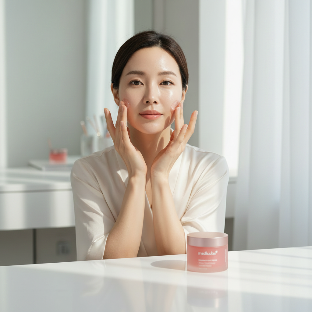 Korean woman in her 30s pressing MEDICUBE Collagen Jelly Cream onto her face with both hands, firm luminous bouncy skin
