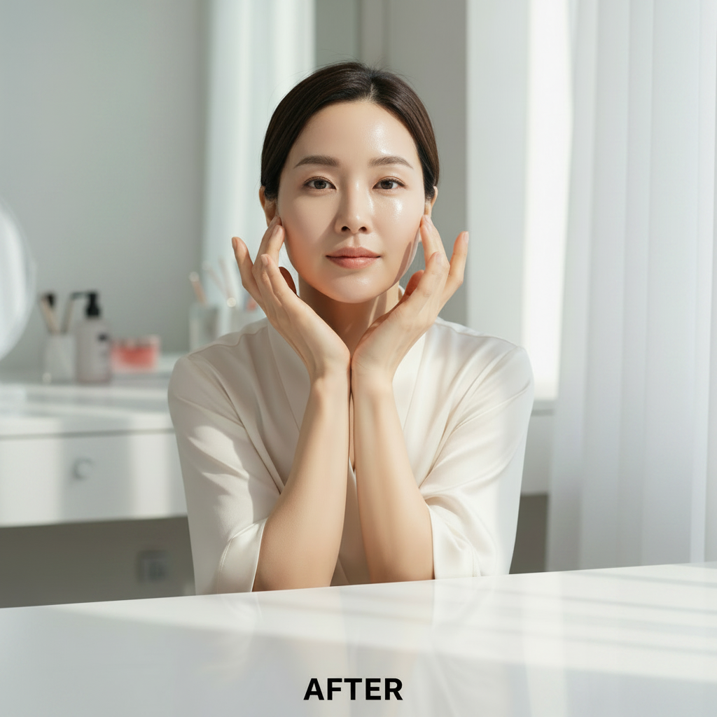 Korean woman in her 30s – AFTER using MEDICUBE Collagen Jelly Cream, visibly firmer brighter lifted skin
