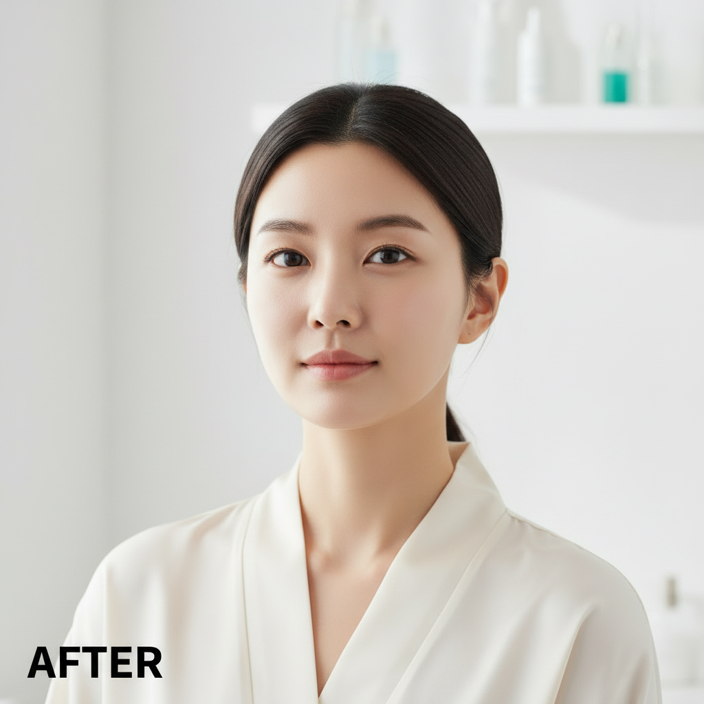 COSRX The Ceramide Skin Barrier Moisturizing Mist 120ml – Korean model AFTER with clear dewy plump hydrated skin after ceramide barrier mist application
