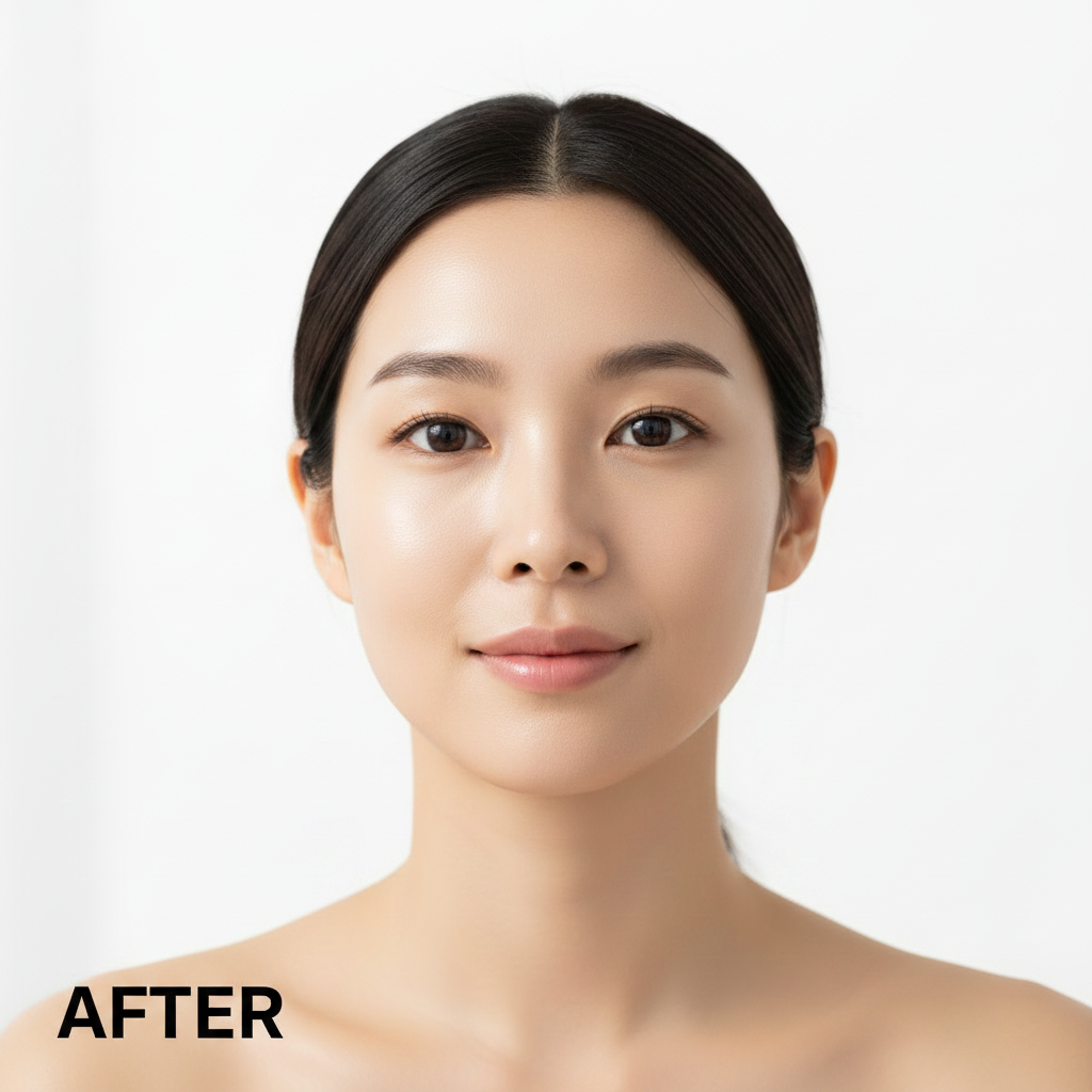 MEDICUBE Collagen Framing Sun Cream 50ml – Korean model AFTER with visibly firmer clear dewy skin after collagen sun cream SPF application
