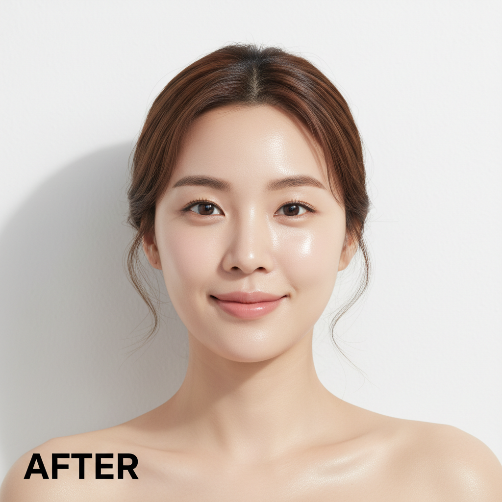 MEDICUBE Collagen Framing Sun Cream 50ml – Korean model AFTER with plump firm luminous complexion after collagen framing sun cream application
