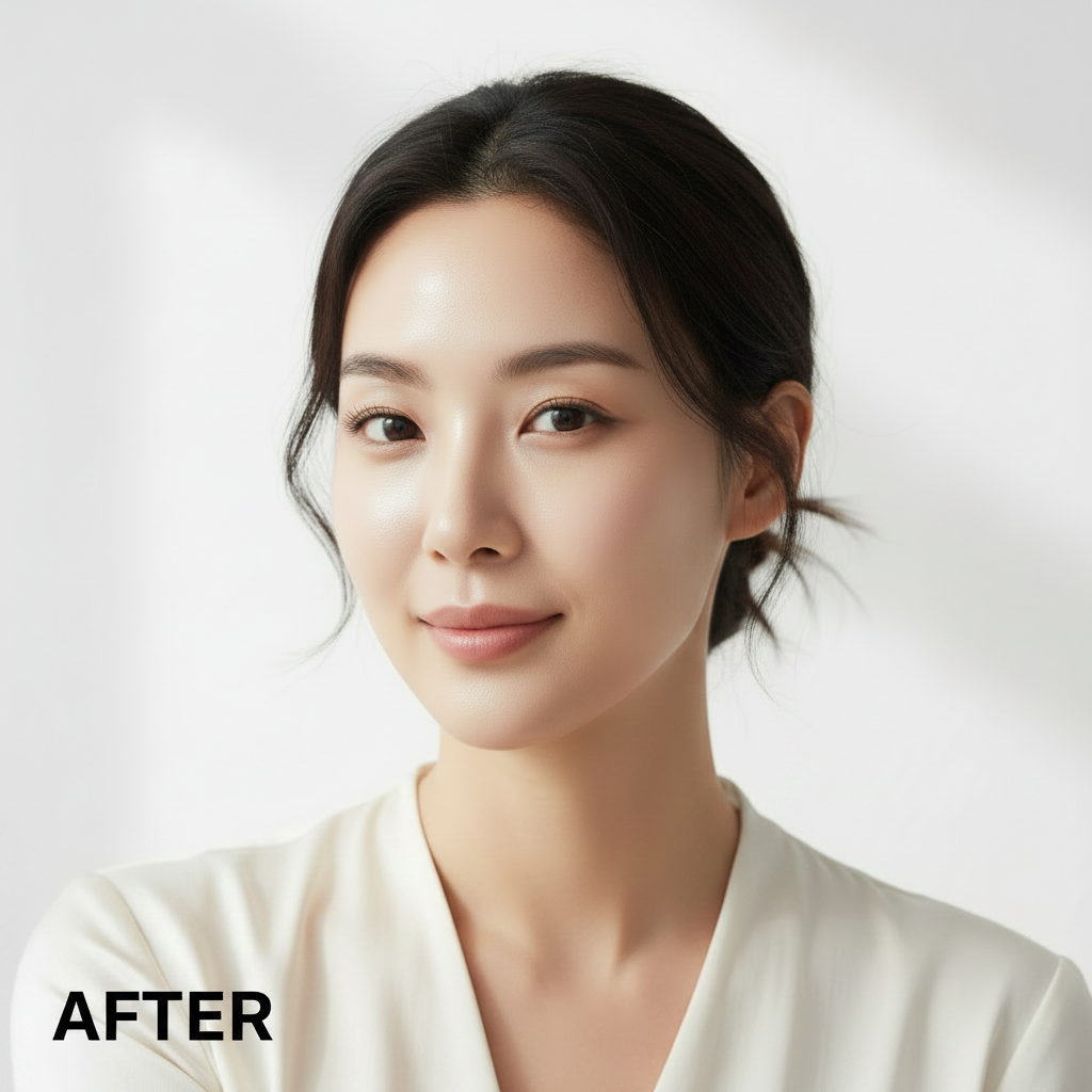 COSRX Airy-Light Invisible Sun Stick SPF50+ PA++++ 19g – Korean model AFTER with clear smooth dewy skin after invisible SPF50+ sun stick application
