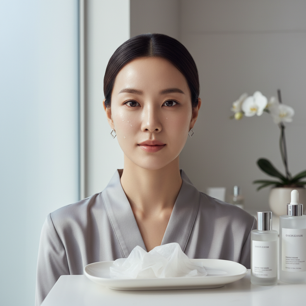 Korean woman with bright radiant skin after I'm From Vitamin Tree Sheet Mask, K-beauty skincare
