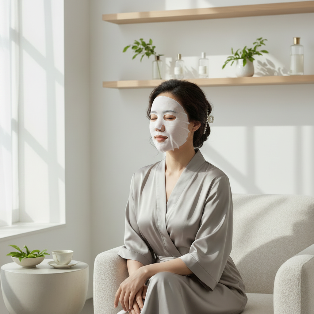 Korean woman wearing I'm From Vitamin Tree white sheet mask, K-beauty skincare routine
