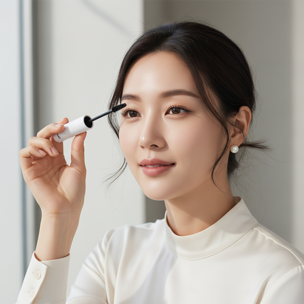 Korean woman applying CLIO Kill Lash Mascara Remover brush to eyelashes, K-beauty routine

