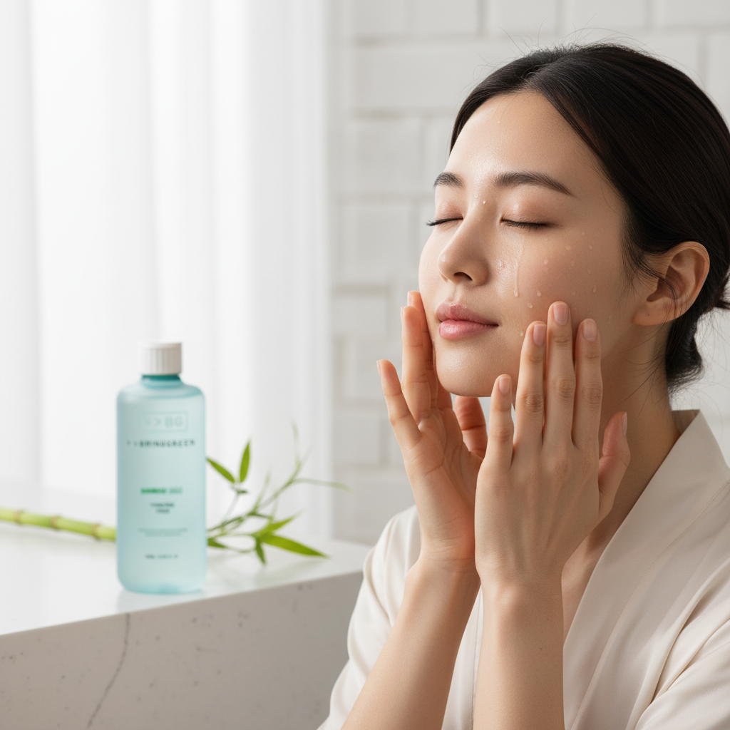 Korean woman patting BRINGGREEN Bamboo Hyalu Hydrating Toner onto face, K-beauty skincare routine
