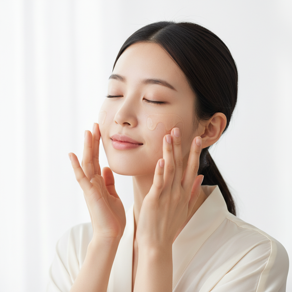 Young Korean woman naturally patting Phyto-5 Peptide Serum onto her face, K-beauty anti-aging skincare routine — Glow Ritual
