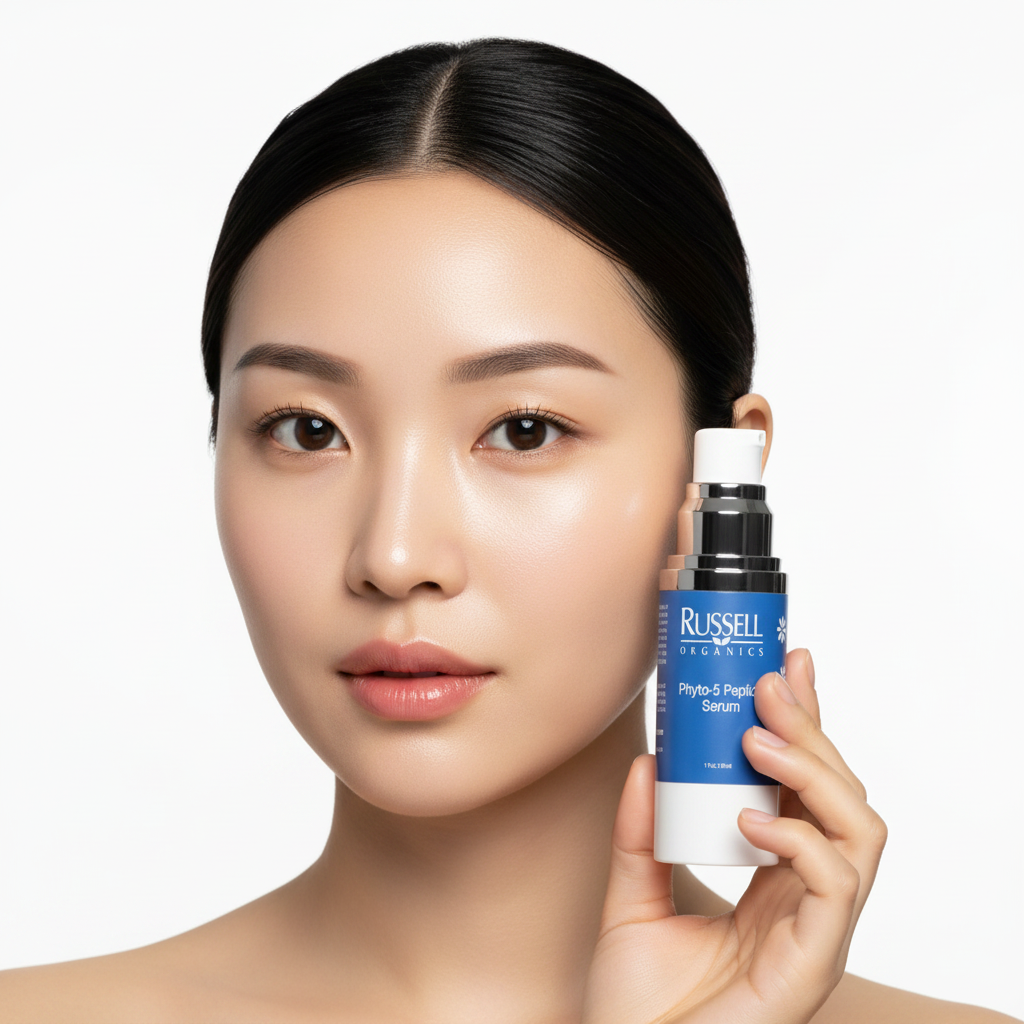 Young Korean woman close-up with luminous firm glass skin after Phyto-5 Peptide Serum, K-beauty skincare — Glow Ritual
