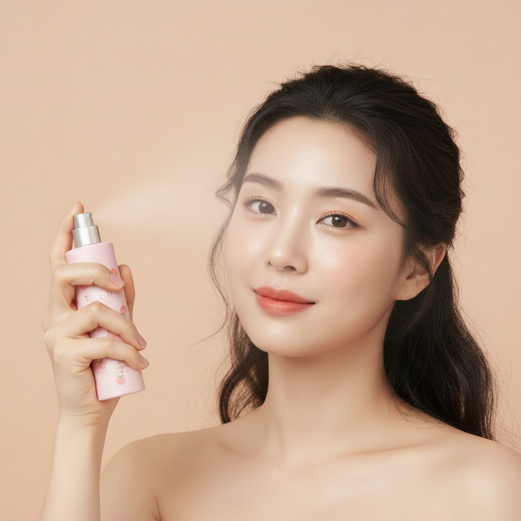 Korean model spraying TIRTIR Mask Fit Make-Up Fixer Peach setting spray, fine mist toward face, peachy background
