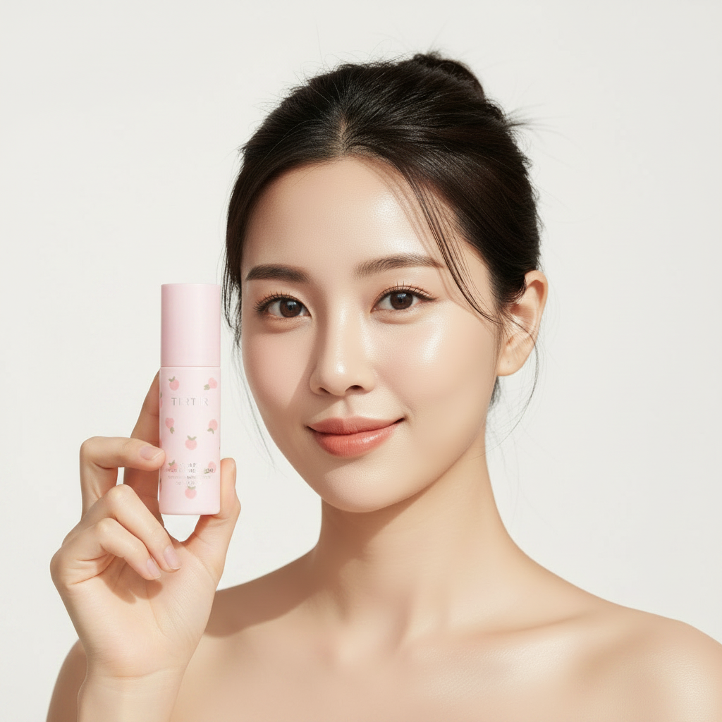 Korean model holding TIRTIR Mask Fit Make-Up Fixer Peach setting spray bottle with closed cap, glowing skin lifestyle
