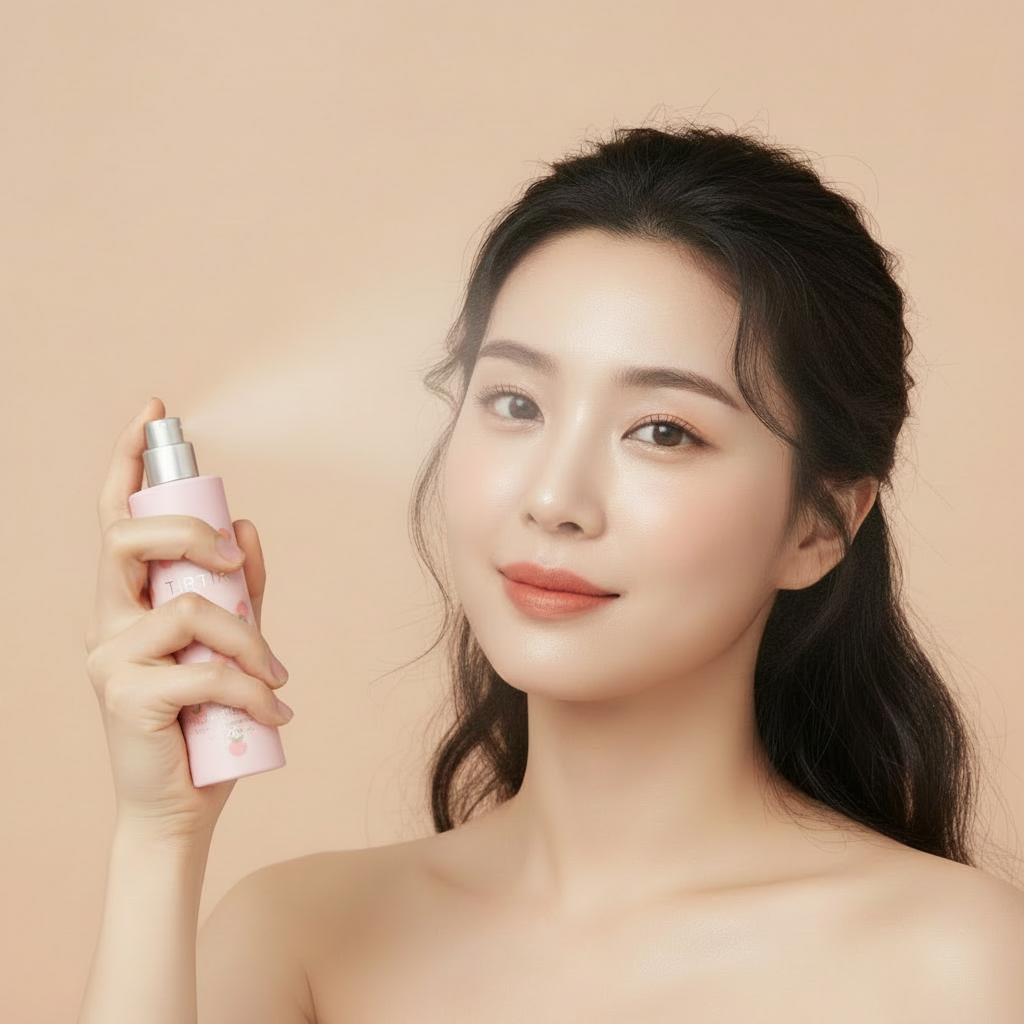 Korean model spraying TIRTIR Mask Fit Make-Up Fixer Peach setting spray with fine mist, glowing skin, peachy beige background lifestyle
