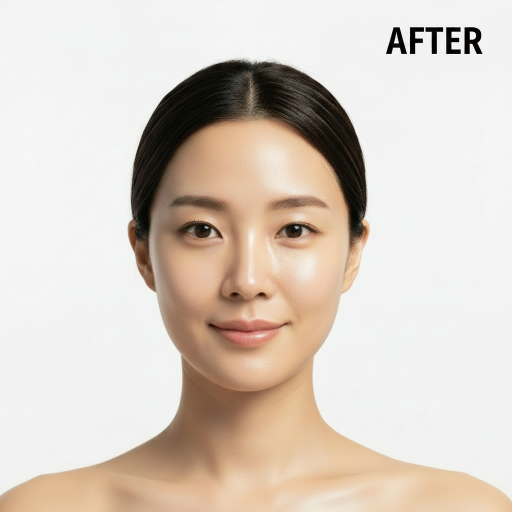 COSRX Snail Mucin Glass Glow Hydrogel Mask AFTER – Korean model with luminous glass skin after snail mucin hydrogel sheet mask treatment
