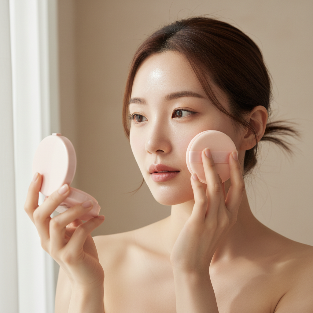 Korean model applying TIRTIR Mini All Cover Pink Cushion foundation with puff for seamless skin coverage
