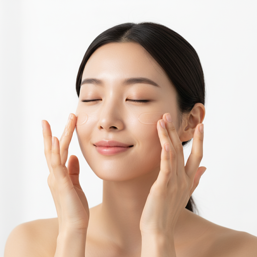 MEDICUBE Collagen Framing Sun Cream 50ml – Korean model applying collagen sun cream with fingertips for daily UV protection and skin firming
