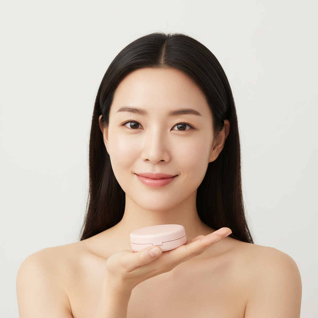 Korean model holding TIRTIR Mini All Cover Pink Cushion compact – flawless coverage cushion foundation
