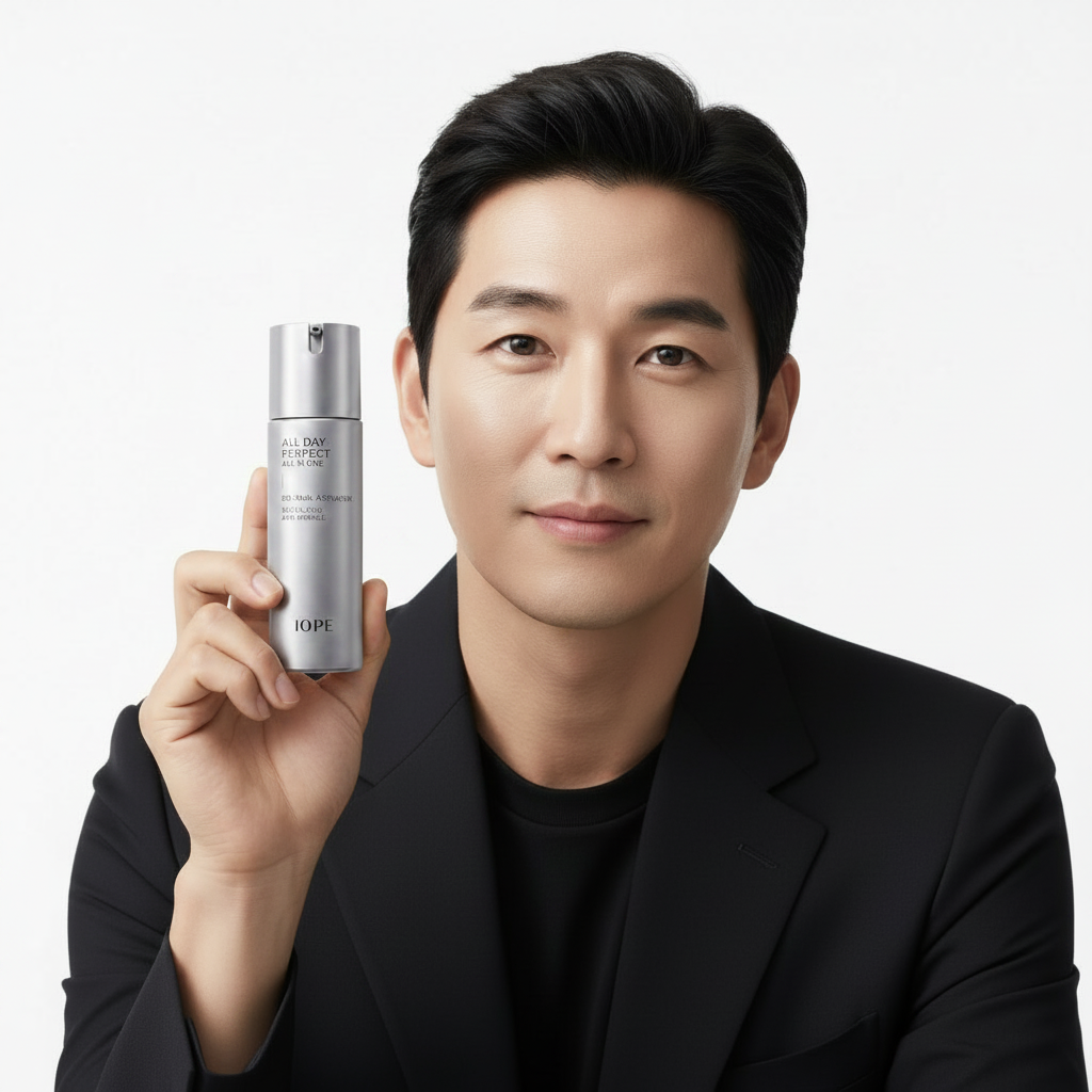 Korean man holding IOPE Men All Day Perfect All-in-One silver bottle with calm confident expression, clear healthy skin

