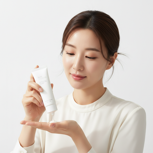 Anua Zero-Cast Moisturizing Finish Sunscreen 50ml – Korean model dispensing lightweight sunscreen onto palm for zero white cast daily sun protection
