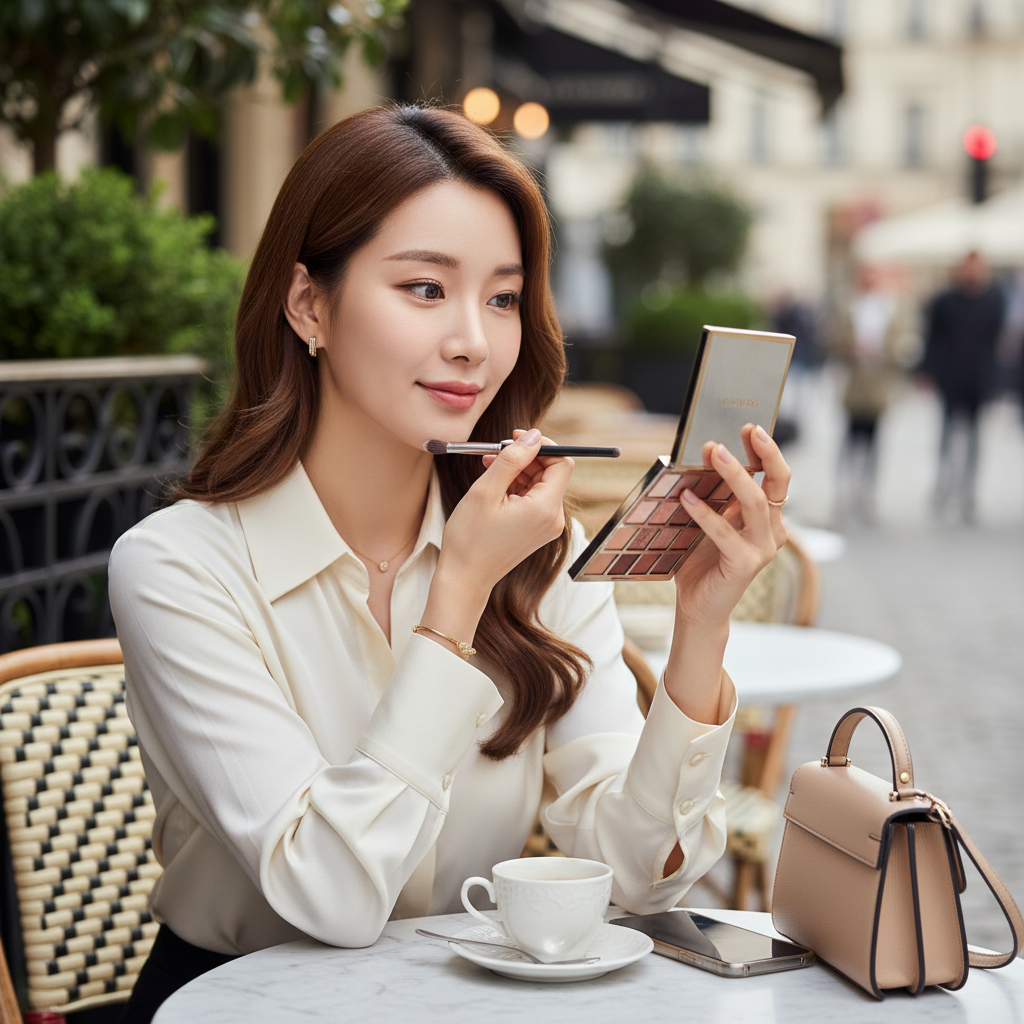 Rom&nd Better Than Palette – Korean model using eyeshadow palette outdoors
