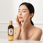 Korean woman applying SKINFOOD Royal Honey Propolis toner — luxury Korean skincare routine
