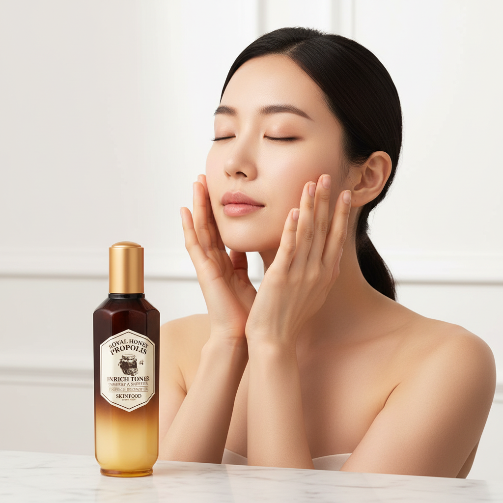 Korean woman applying SKINFOOD Royal Honey Propolis toner — luxury Korean skincare routine
