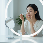 Korean woman applying SKINFOOD Blue Chamomile Hyaluronic Ampoule at vanity table for plump hydrated skin
