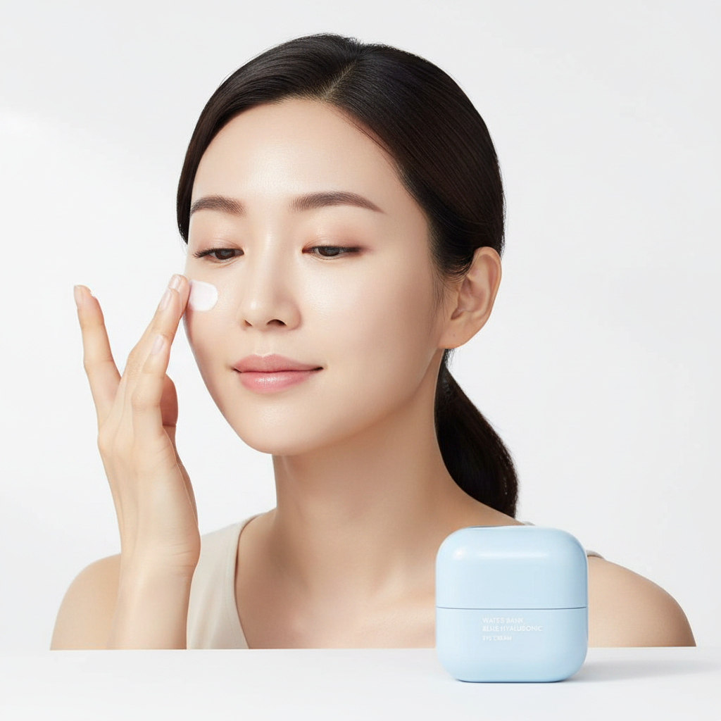 LANEIGE Water Bank Blue Hyaluronic Eye Cream 25ml – Korean model applying eye cream around eye area for deep hyaluronic hydration, dewy plump under-eye skin
