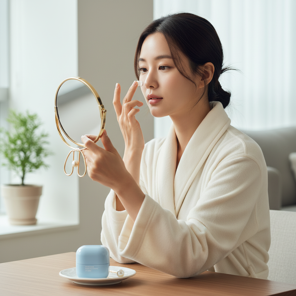 LANEIGE Water Bank Blue Hyaluronic Eye Cream 25ml – Korean model patting hyaluronic eye cream under eyes with ring finger for de-puffing, hydration, and dark circle care
